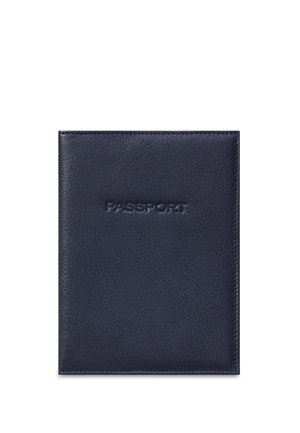 Dunkelblauer Lederpassetui mit genähten Rändern und geprägt mit dem Text "PASS" in der Mitte des vorderen Einbands.