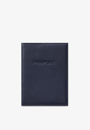 Navy blue leather passport holder with stitched edges and embossed "PASSPORT" text centered on the front cover.