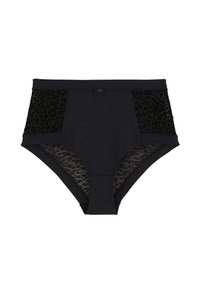 Culotte noire taille haute avec des panneaux latéraux en dentelle à motif léopard et une ceinture lisse avec un discret détail de fermeture.