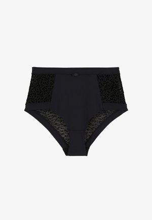 Culotte noire taille haute avec des panneaux latéraux en dentelle à motif léopard et une ceinture lisse avec un discret détail de fermeture.