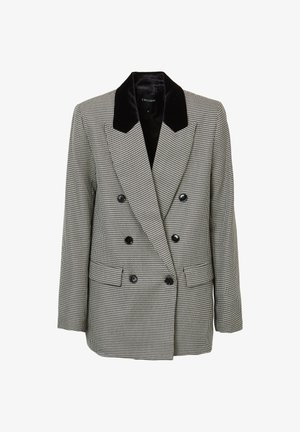 Doppelt geknöpfter Blazer aus Hahnentrittmuster mit sechs schwarzen Knöpfen und schwarzem Samt-Reverskragen, ausgestattet mit zwei vorderen Klapptaschen.