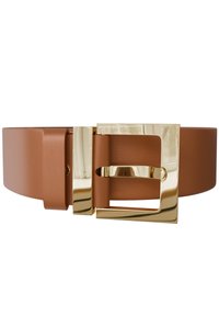Brown faux leather belt featuring a large, shiny gold rectangular buckle with a cutout design and a smooth texture.