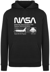 Black sweatshirt featuring a front pocket, a hood, and white NASA graphics, including "National Aeronautics and Space Administration" text.