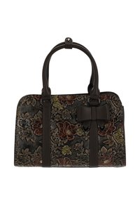 Sac à main à motifs floraux en tissu fonc�é avec des accents en cuir marron. Comprend un détail en forme de nœud et deux poignées solides. Forme rectangulaire avec une fermeture éclair.