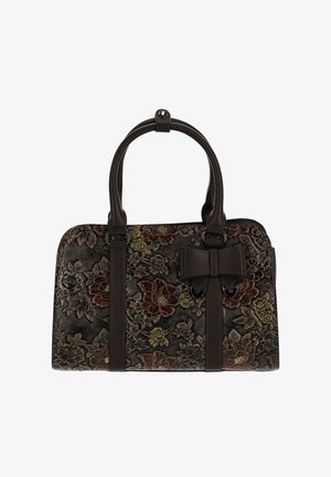 Borsa con motivo floreale in tessuto scuro con dettagli in pelle marrone. Presenta un dettaglio a fiocco e due manici robusti. Forma rettangolare con cerniera.