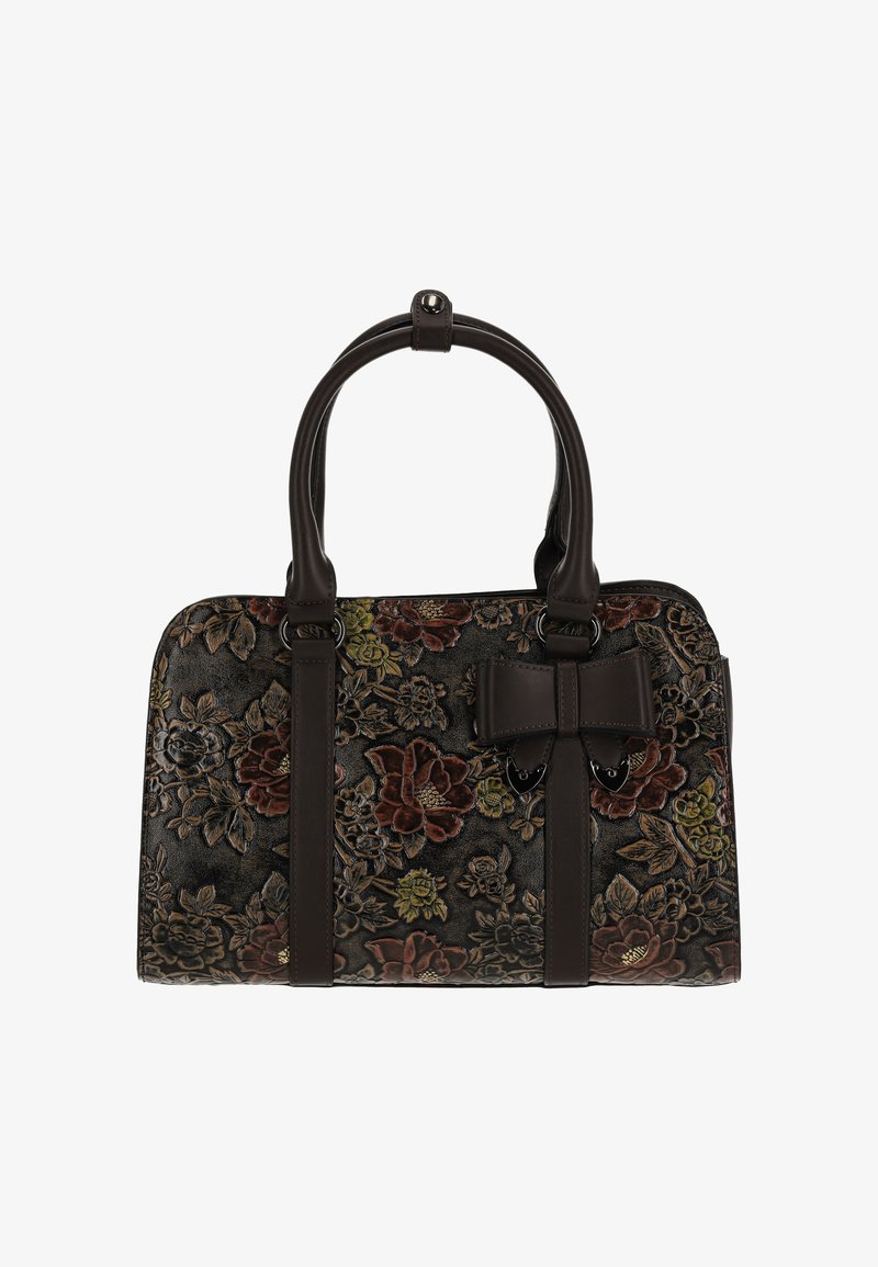 Bolso de mano con patrón floral en tela oscura con detalles de cuero marrón. Cuenta con un detalle de lazo y dos asas resistentes. Forma rectangular con cremallera.