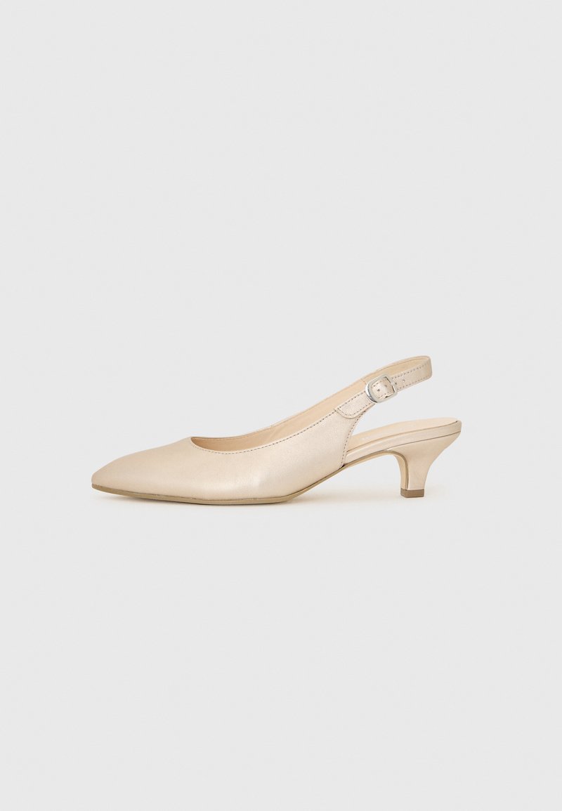 Beige slingback heels with a pointed toe, made from smooth leather, featuring a low, block heel and adjustable ankle strap.