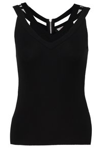 Sort tanktop med v-halsdesign, mesh-detaljer ved skuldrene og lynlås bagpå. Glat stoftekstur.