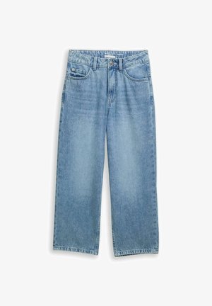 Helle blaue Denim-Jeans mit weitem Bein und hohem Bund, Fronttaschen und klassischem Knopfverschluss. Sie verfügen über eine glatte Textur und keine Muster.
