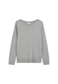 Hellgrauer langärmeliger Pullover mit weitem Ausschnitt, aus weichem Material. Verfügt über gerippte Bündchen und Saum sowie eine einfache, glatte Textur.