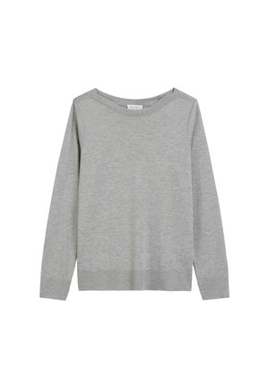 Hellgrauer langärmeliger Pullover mit weitem Ausschnitt, aus weichem Material. Verfügt über gerippte Bündchen und Saum sowie eine einfache, glatte Textur.