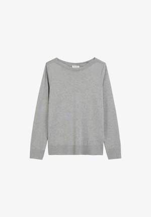 Jasnoszary, długi sweter z długim rękawem i szerokim dekoltem, wykonany z miękkiego materiału. Posiada ściągacze przy mankietach i u dołu, z prostą, gładką strukturą.