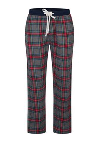 Geruite loungebroek met een grijze basis, met rode, groene en gele lijnen. Elastische tailleband met een marineblauwe rand en een witte trekkoord.