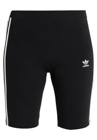 Black shorts made of stretchy fabric, designed to fit snugly. Features white side stripes and a small white Adidas logo on the front.