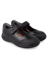 Zapatos Mary Jane de cuero negro con una correa de Velcro, puntera texturada y suela de goma. Acabado liso con acentos naranjas en el interior.