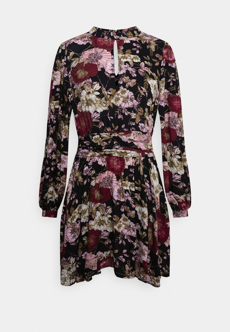 Robe noire à manches longues avec imprimé floral bordeaux, rose et blanc, encolure en trou de serrure, taille cintrée et jupe fluide.