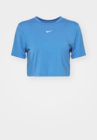 Avkortad blå bomullströja med rund halsringning och korta ärmar. Har en liten vit Nike-logga på bröstet. Slät textur.