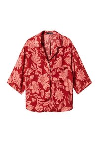 Camicia rossa a maniche corte con un motivo floreale in rosa chiaro. Realizzata in tessuto leggero con una vestibilità comoda e una tasca sul petto.