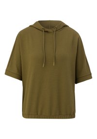 Sudadera de manga corta en verde oliva, con un tejido texturizado, cordón ajustable y un corte relajado con dobladillo redondeado.