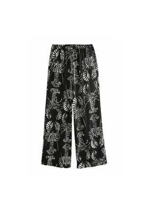 Pantalon noir à jambes larges avec taille élastique et motif homards blancs sur l’ensemble.