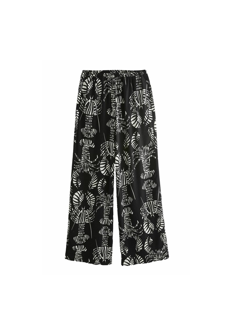 Pantalon noir à jambes larges avec taille élastique et motif homards blancs sur l’ensemble.