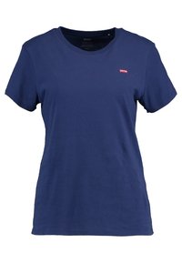Marineblaue Baumwoll-T-Shirt mit kurzen Ärmeln und rundem Hals. Mit einem kleinen roten Levi's-Logo auf der Brust. Schlichte, klassische Passform.