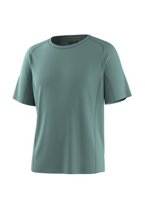 T-shirt met korte mouwen en ronde hals in gedempt groen met zichtbare naden en een gladde stoftextuur.