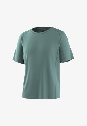 T-shirt med korte ærmer og rund hals i afdæmpet grøn med synlige sømme og glat stoftstruktur.