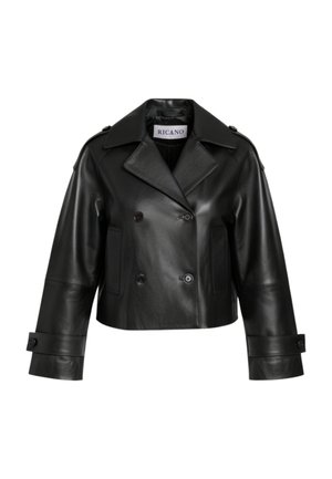Black leather double-breasted jacket featuring a wide collar, two front pockets, and buttoned cuffs. Cropped design with a smooth texture.