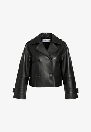 Black leather double-breasted jacket featuring a wide collar, two front pockets, and buttoned cuffs. Cropped design with a smooth texture.