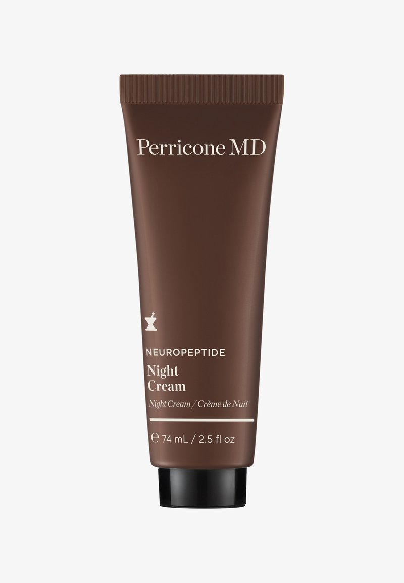 Brun tub av Perricone MD Neuropeptide Night Cream, 74 mL, med vit text och ett svart lock, med en slät matt yta.