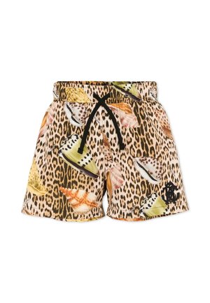 Costume da bagno corto con stampa leopardata e conchiglie colorate, con coulisse nera e logo sulla gamba sinistra.