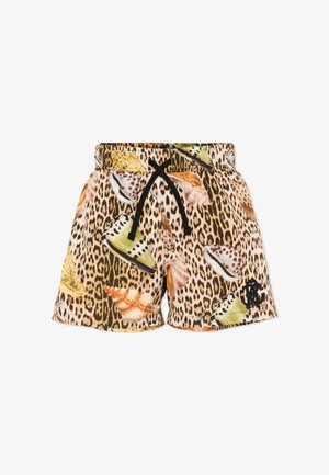 Pantalones cortos de baño con estampado de leopardo y conchas marinas coloridas, con cordón negro y logo en la pierna izquierda.