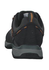 Black and gray hiking shoes with a textured upper, orange accents, and a cushioned sole. Features a pull tab for easy wear.