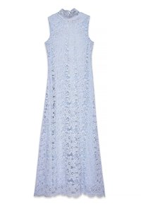 Sinise pitsiga kleit kõrge kaelusega ja ilma varrukateta. Täispikk, lillemustritega ja lokkis servaga.