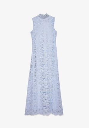 Sinise pitsiga kleit kõrge kaelusega ja ilma varrukateta. Täispikk, lillemustritega ja lokkis servaga.