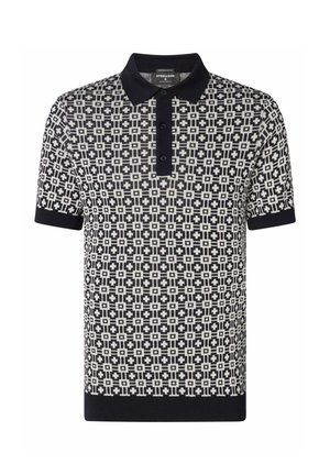 Black and white short-sleeve polo shirt with geometric square pattern, black collar, button placket, and sleeve and hem cuffs.