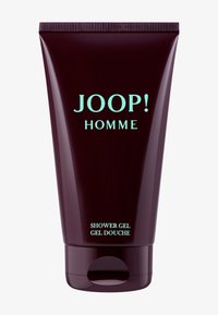 Mörkbrun tub med en glansig yta, försedd med mintgrön text som står "JOOP! HOMME" och "DUSCHGEL" längst ner. Enkelt design.