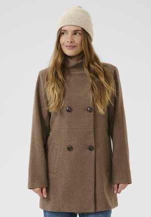 Brun uldblandet dobbeltradet frakke med høj krave, sorte knapper og sidelommer, parret med en lys beige ribbet strikbeanie.