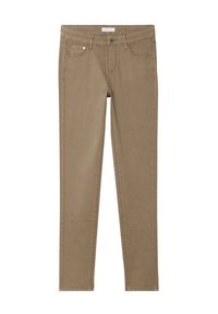 Jean beige ajusté avec design à cinq poches, couture contrastante, fermeture à bouton en métal et légère extensibilité pour le confort.