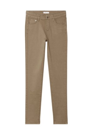 Jean beige ajusté avec design à cinq poches, couture contrastante, fermeture à bouton en métal et légère extensibilité pour le confort.