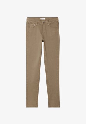 Jean beige ajusté avec design à cinq poches, couture contrastante, fermeture à bouton en métal et légère extensibilité pour le confort.