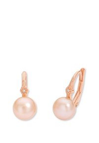 Orecchini in oro rosa con grandi perle rosa lisce e un piccolo accento di diamante sulla chiusura. Design elegante e arrotondato con una serratura sicura.