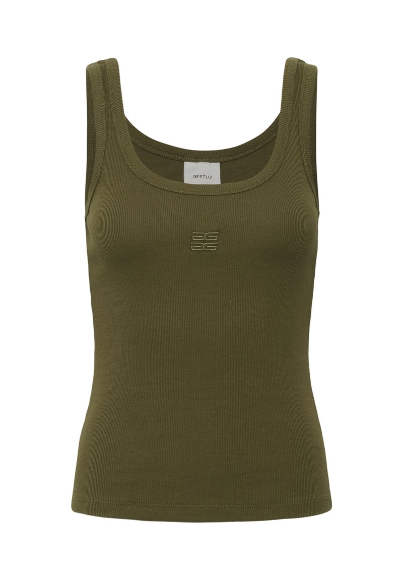Débardeur côtelé vert olive sans manches avec encolure dégagée et petit logo brodé centré sous le col.
