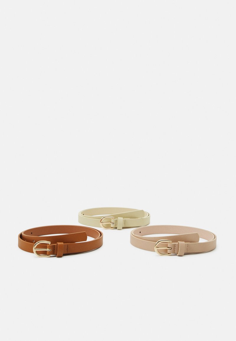 Three belts in brown, pale green, and light pink leather; each features a gold-tone buckle and a smooth, flat design.