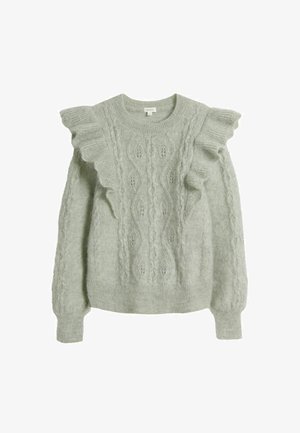 Lys grå sweater lavet af struktureret strik med kabelmønstre. Har flæser på skuldrene og lange ærmer, samt en klassisk rund halsudskæring.
