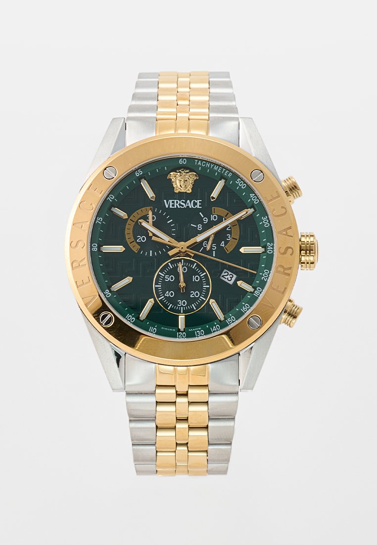 Orologio cronografo Versace con quadrante verde, dettagli dorati, tachimetro e bracciale bicolore argento e oro.