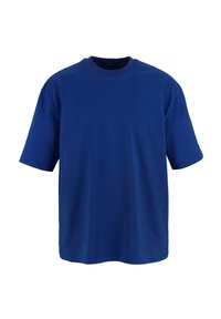 Blaues Baumwoll-T-Shirt mit kurzen Ärmeln, Rundhalsausschnitt, lockerer Passform, glatter Textur und minimalen Nähten am Saum.