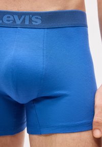 Άνδρας που φοράει μπλε εσώρουχα boxer της Levi's, με εμφανές το λογότυπο στη ζώνη μέσης και λεπτομέρειες ραφής στο αριστερό μηρό και πλευρά.