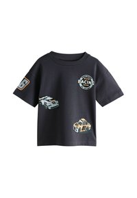 Navy blue cotton T-shirt with short sleeves, featuring racing car graphics and a circular "RACING DRIVER" logo on the front.